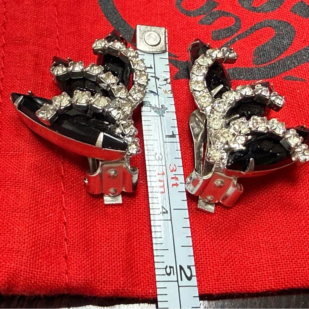 Vintage Black & Clear Rhinestones Silve-tone Clip On Earrings Open‎ Back Prongs